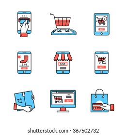 Online business. Mobile store and shopping business metaphors. Flat style icons. Thin line art illustrations isolated on white.