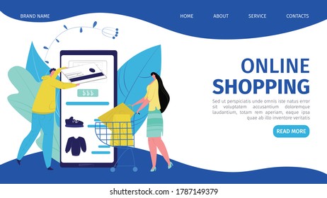 Online business mobile store at smartphone technology, vector illustration. People buy in service, payment by card concept. Flat web commerce sale, internet shopping at phone landing page.