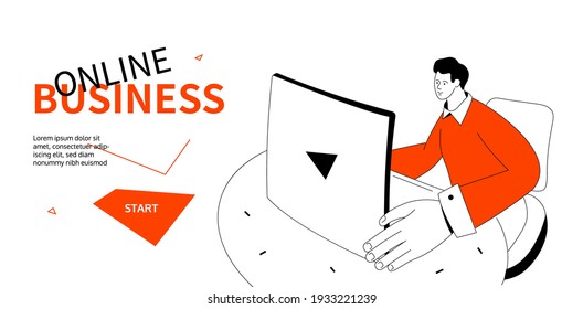 Online business - modern colorful line design style web banner on white background with copy space for text. Remote working, home office, freelance idea. A composition with a man sitting at the laptop