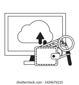 Online business and money cloud computing wallet and magnifying glass symbols vector illustration graphic design