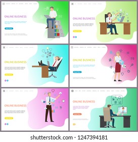 Online business, office workers with laptops PC vector. Businessman sitting with computer, interacting with digital world, conference of boss partner