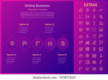 Online business options infographic template, elements and icons. Infograph includes line icon set with money, online market, business person, mobile shop, global network, marketing analytics etc.