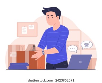 Online Business Owner Packing Product Order Into Parcel Box for Online Shopping and E-Commerce Concept Illustration