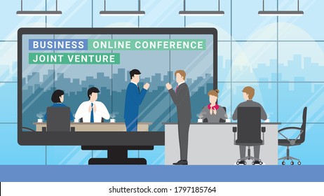 Online business partner concept. Joint venture in teleconference meeting room from workplace to another office. Greeting businessman by thai wai with team agreement clapping hand employee. 