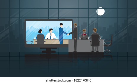Online business partner in difference time zone concept. Joint venture in teleconference meeting room from workplace to another office. Greeting businessman handshake with team employee agreement.