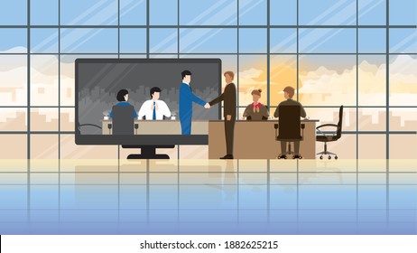 Socio comercial en línea en concepto de zona horaria de diferencia. Empresa conjunta en sala de reuniones de teleconferencia desde el lugar de trabajo a otra oficina. Saludo el apretón de manos de un empresario con el acuerdo de un empleado del equipo.