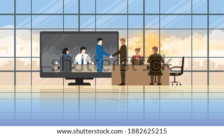 Online business partner in difference time zone concept. Joint venture in teleconference meeting room from workplace to another office. Greeting businessman handshake with team employee agreement.