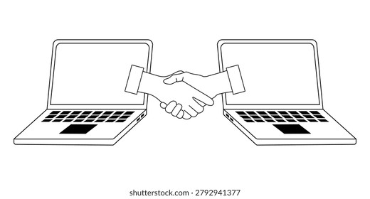 Online business partnership handshake between laptops illustration, remote collaboration, digital communication, virtual agreement, and professional networking concept.
