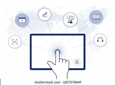 Fingerberührungsschirm auf Tablettengrafik: E-Business mit Symbolen, Online-Lernplattform, soziales Netzwerk, globale Verbindung auf Weltkarte-Hintergrund