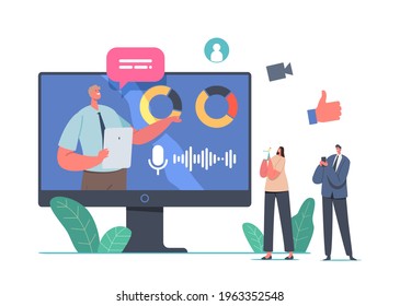 Online Business Presentation, Characters on Training or Seminar in Office, Trainer Give Virtual Financial Consultation, Data Analysis Statistics Charts and Graphs. Cartoon People Vector Illustration