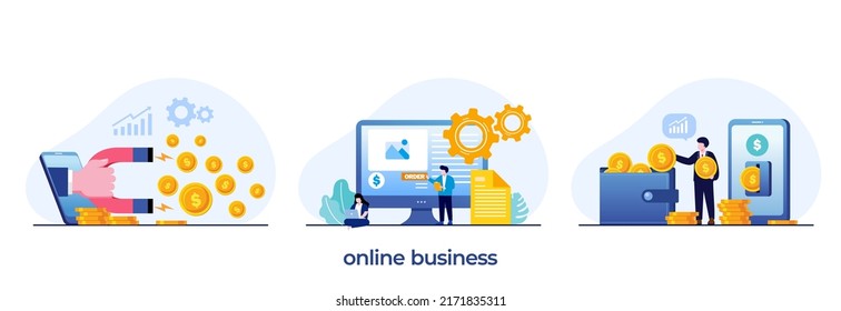 online business, business process, entrepreneurs, e-commerce, flat illustration vector