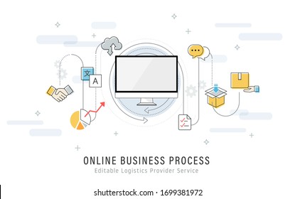 Online business process illustration: global e-commerce progress from contract to delivery.