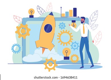 Online Business Project Startup Presentation on Computer Monitor. Businessman Character Giving Report. Launching Rocket Spaceship on Screen. Vector Idea Lightbulb, Analytics Charts Icons, Gears