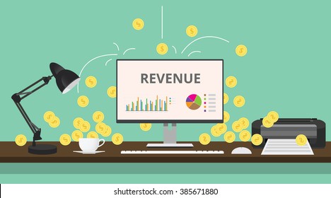 online business review with gold coin and computer illustration on the desk