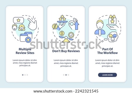 Online business reviews onboarding mobile app screen. Multiple sites walkthrough 3 steps editable graphic instructions with linear concepts. UI, UX, GUI template. Myriad Pro-Bold, Regular fonts used