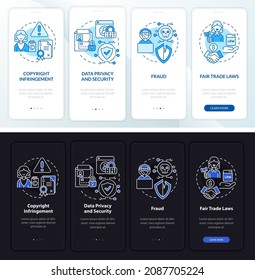 Online business risks onboarding mobile app page screen. Data security walkthrough 4 steps graphic instructions with concepts. UI, UX, GUI vector template with linear night and day mode illustrations