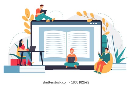 Online business school. Distance education, web courses or tutorials, e-learning, business meeting or online video conference vector illustration. Students working on gadgets as laptop, tablet