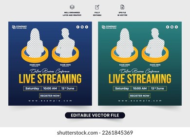 Online business seminars and conference invitation template vector with photo placeholders. Modern webinar and business promotion web banner design. Office conference social media post vector.