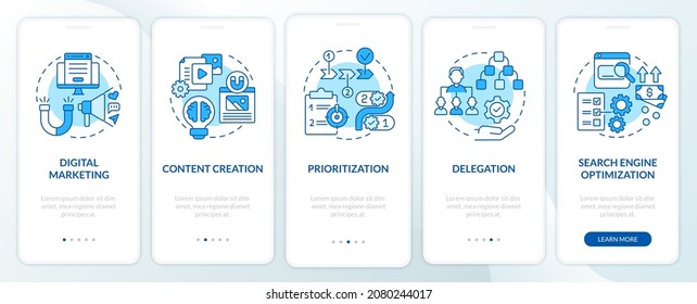 Online business skills onboarding mobile app page screen. Content creation walkthrough 5 steps graphic instructions with concepts. UI, UX, GUI vector template with linear color illustrations