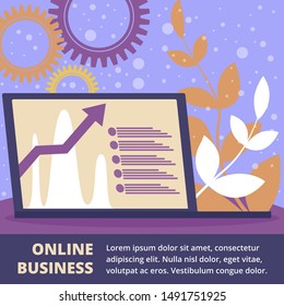 Online Business Square Banner, Laptop with Growing Graphs on Screen Stand on Office Table with Abstract Floral Pattern and Cogwheels Around. Internet Technologies Cartoon Flat Vector Illustration
