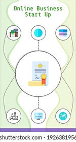 online business start up editable infographic template with icons of presentation, factory, desk, certificate, world wide web, worldwide, table
