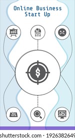 online business start up editable infographic template with icons of Earth, Magnifying glass, Target, Web design, Unhappy, Analytics, Route