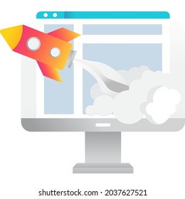 Online business startup icon. Web technology vector. Rocket launch and start from computer laptop. Creative idea and product development campaign