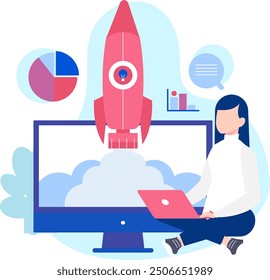 online, business, startup, marketing, concept, background, illustration, start, innovation, success, rocket, design, management, technology, launch, digital, web, modern, development, 3d,