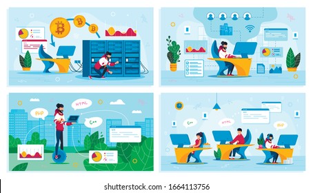 Online Business, IT Startup Personnel, Bitcoin Trading Trendy Flat Vector Concepts Set. Network Administrator in Office, Mining Farm Owner, Web Developers Team, Hipster Rides Unicycle Illustration