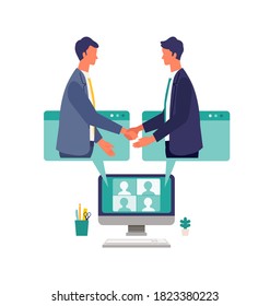Concepto de charla de negocios en línea. Ilustración vectorial de personas que tienen comunicación a través del sistema de telecomunicaciones. Concepto para la charla de negocios. Ilustración vectorial de diseño plano de las personas teletrabajadoras.
