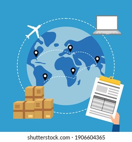 Online business trading with express international shipping concept vector illustration. Computer, airplane, package and document in flat design.