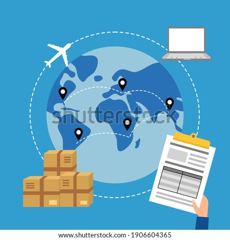 Online business trading with express international shipping concept vector illustration. Computer, airplane, package and document in flat design.