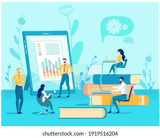 Online Business Training, Conference or Seminar. Men and Women Cartoon Characters Learning and Taking Notes on Laptop. Analytics Team Meeting, Business Final Annual Report. Flat Vector Illustration.