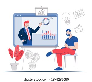 Online Business Training Event Or Remote Corporate Coaching.  Webinar And Online Managers Web Conference. Finance Employee Training Session, Cartoon Vector Illustration Isolated On White Background.