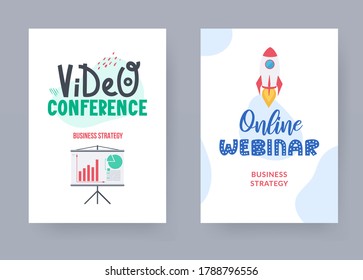 Online business training posters with ad text. Vector backgrounds for internet ads of web conferentions and business courses.