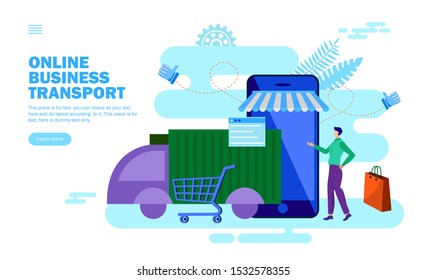 online business transport announcement, flat vector illustration.