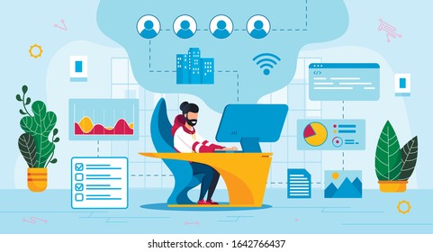 Online Business Trendy Flat Vector Concept. Internet Entrepreneur Working on Computer in Office, Online Network, Web Service Administrator, Programmer Communicating with Users or Clients Illustration