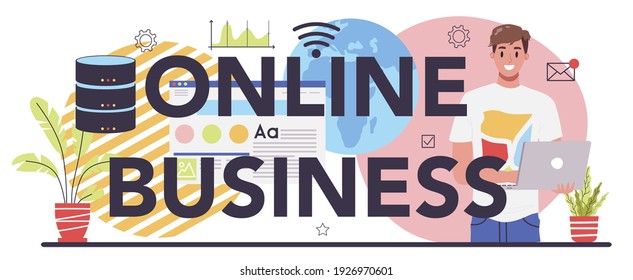 Online business typographic header. People forming a business on the internet. E-commerce, idea of digital sale on website, modern technology. Flat vector illustration