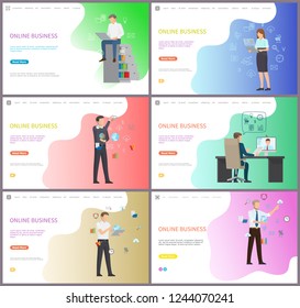 Online business usage of computers and laptop vector. Businessman interacting with global network, cogwheels symbol of process and progress technology