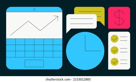 Online business vector illustration. Laptop with going up graph, dollar sign, clocks, to do list and message bubbles. Productivity and task management concept. Simple colourful cartoon design.
