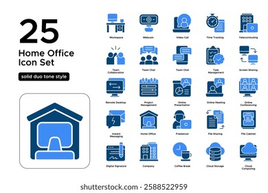 Online Business and Virtual Offices. Remote Work, Work-from-Anywhere, and Digital Teams. Vector Illustration. Solid duo tone icon set