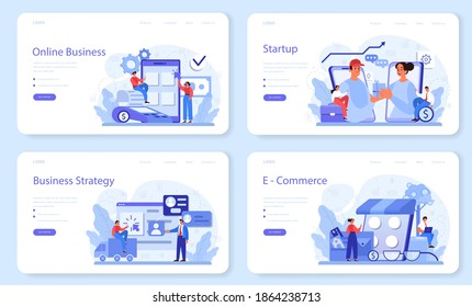 Online business web banner or landing page set. People forming a business on the internet. E-commerce, idea of digital sale on website, modern technology. Flat vector illustration