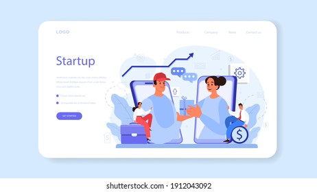 Online business web banner or landing page. People forming a business on the internet. E-commerce, idea of digital sale on website, modern technology. Flat vector illustration