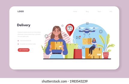 Online business web banner or landing page. People forming a business on the internet. E-commerce, idea of digital sale delivery. Flat vector illustration