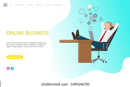 Online business web poster, man sitting at table and thinking about mechanisms of work, gears, cloud storage and clock line art icons, bulb and currency exchange. Vector illustration in flat style