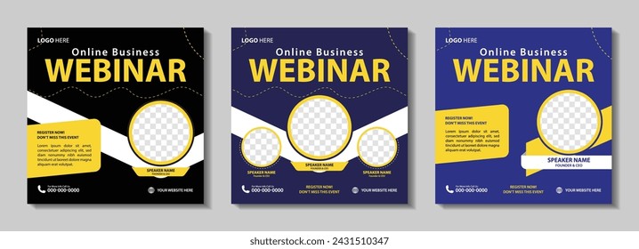 Online business webinar post template. Social media post design for marketing webinar	