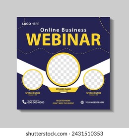 Online business webinar post template. Social media post design for marketing webinar	