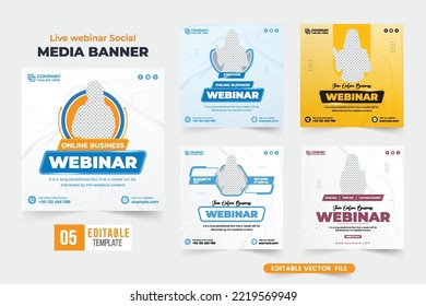 Online business webinar template collection for seminar invitations. Digital business promotion and webinar social media post bundle with blue and yellow colors. Modern webinar design set for office.