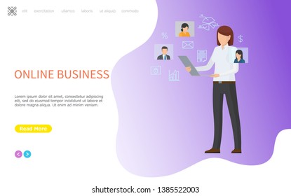 Online business, woman human resources manager searching candidates for hiring on job position. Web poster with human avatars, message and cloud storage icons