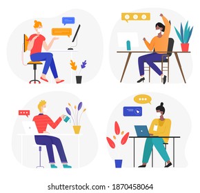 Conjunto de ilustraciones vectoriales de comunicación y trabajo empresarial en línea. Gestores de caricaturas frente a máscaras médicas sentadas en la mesa, trabajando, charlando, comunicándose con colegas en línea aislados en blanco
